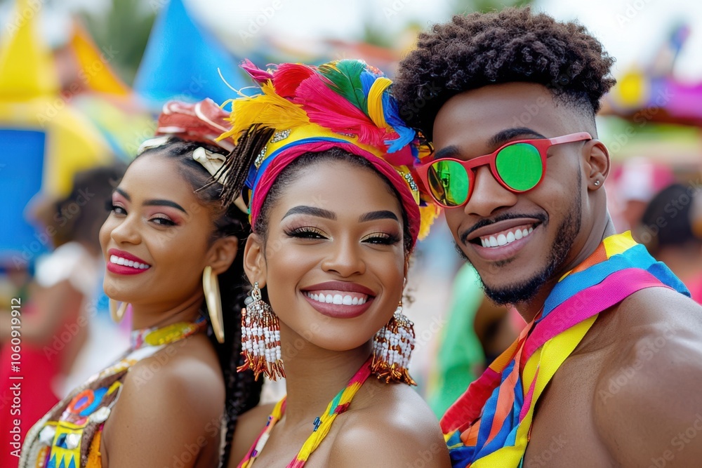 Three joyful Black individuals in vibrant festive attire, celebrating with bright colors and radiant smiles. Three joyful Black individuals in vibrant festive attire, celebrating with bright colors and radiant smiles.