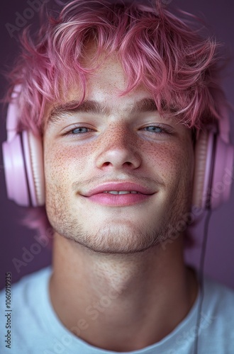 Young Man with Pink Headphones and Hair – Perfect for Music, Lifestyle, and Creative Branding Visuals