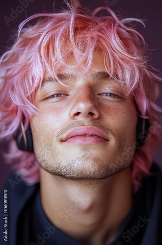 Trendy Young Man with Pink Hair and Headphones – Perfect for Youth Culture, Music Enthusiasts, and Lifestyle Campaigns