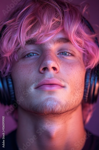 Young Man with Pink Hair and Headphones in Neon Lighting – Perfect for Music, Lifestyle, and Youth Culture Themes