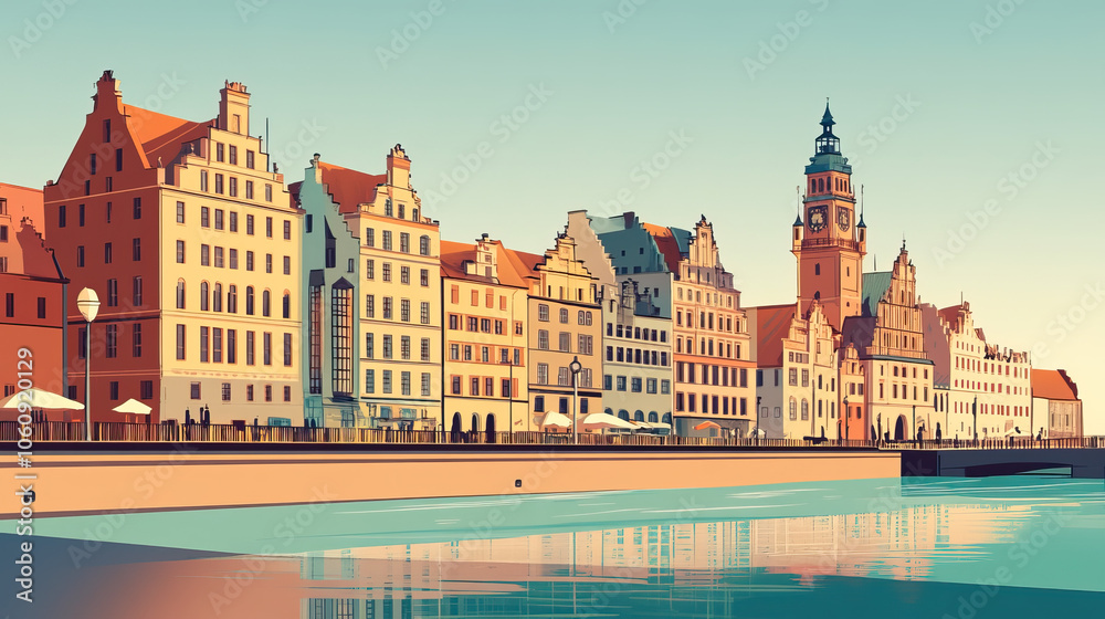 Obraz premium Wroclaw, Poland, french vintage Art Nouveau & Art Deco travel poster template. Cityscape and city skyline.Classic La Belle Epoque vichy art. Clear, simple, trendy