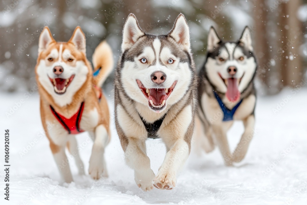 A snowy, wintery, competitive, race concept with Alaskan malamutes and huskies. A snowy, wintery, competitive, race concept with Alaskan malamutes and huskies.