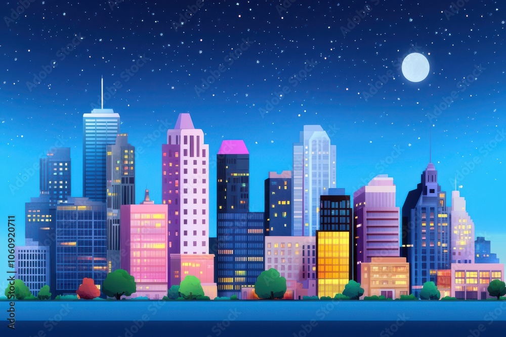 A vibrant night skyline featuring tall buildings under a starry sky, with soft pastel colors illuminating the city.