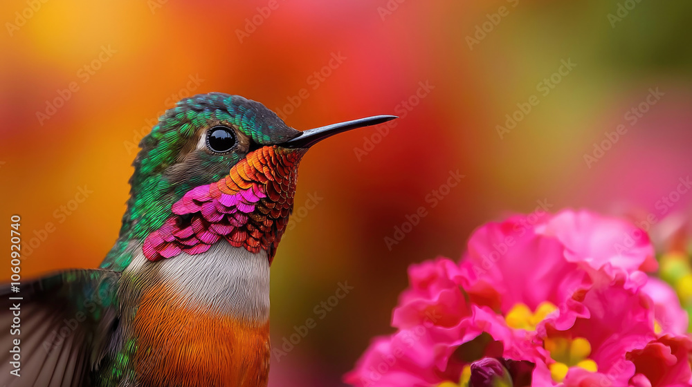 A vibrant hummingbird with iridescent feathers feeding near colorful flowers in a blurred, blooming garden background. A vibrant hummingbird with iridescent feathers feeding near colorful flowers in a blurred, blooming garden background.