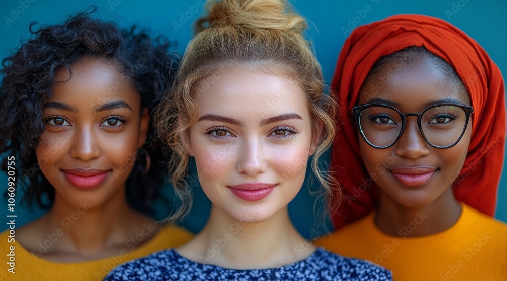 Fototapeta premium portraits of women from different ethnicities, each smiling and looking at the camera. diversity and the connection between all individuals represented in the photograph.