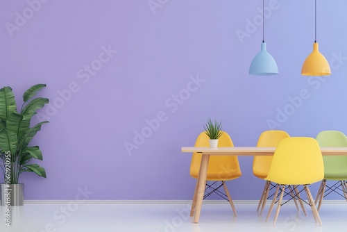 A vibrant dining area featuring colorful chairs and stylish pendant lights against a purple wall.