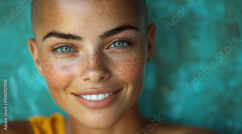 A beautiful woman with a shaved head smiling, with freckles on her face. smiling bald woman with freckles against turquoise background, ideal for confidence, natural beauty, and empowerment themes