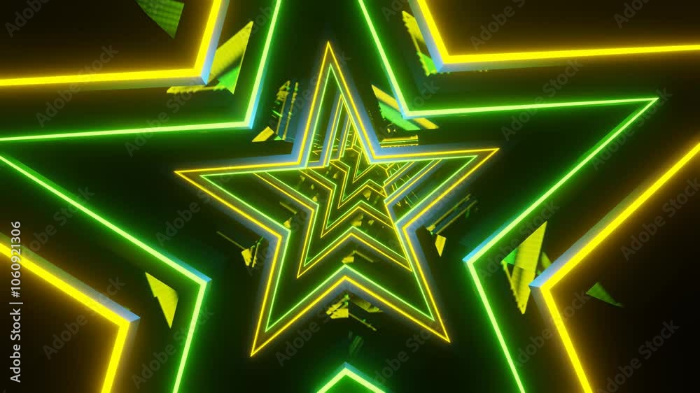 3d abstract dynamic VJ loop artwork of a futuristic, infinity, yellow and green neon star tunnel