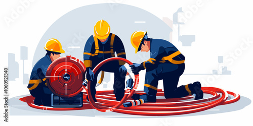 Firefighters working together to prepare hoses at a fire station during the day. Three firefighters focus on organizing hoses in a fire station, vector illustration.
