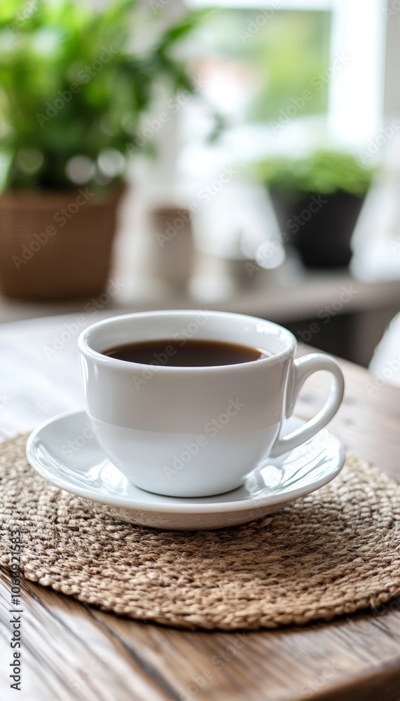 A cup of coffee on a woven coaster, perfect for a morning pick-me-up. A cup of coffee on a woven coaster, perfect for a morning pick-me-up.
