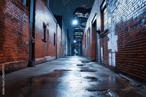 A moody urban alley at night, illuminated by soft lights, with rain glistening on the wet pavement.