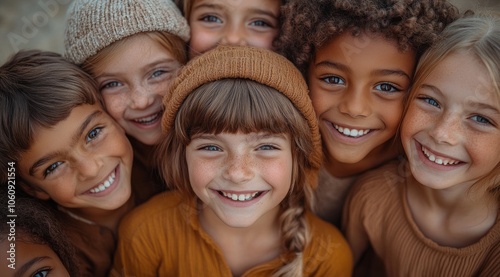 group of joyful children smiling in autumn attire, ideal for friendship, warmth, and childhood themes