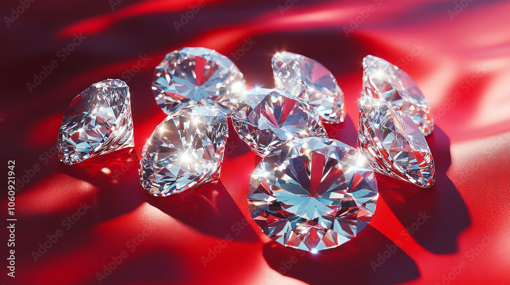 Gleaming Diamonds on Vibrant Red Surface, Sparkling Gems in Luxurious Light, Radiant Jewel Arrangement, luxury concept Gleaming Diamonds on Vibrant Red Surface, Sparkling Gems in Luxurious Light, Radiant Jewel Arrangement, luxury concept