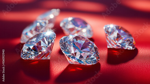 Sparkling Brilliant Diamonds Resting on a Luxurious Red Surface Capturing Light and Elegance Gemstone Beauty Concept