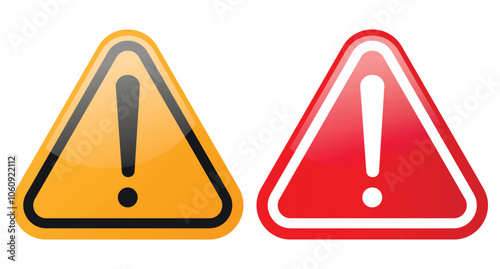 Hazard symbols in yellow and red colors with exclamation symbols in shiny glossy style. Warning Signs. Danger warning icons. Exclamation marks.