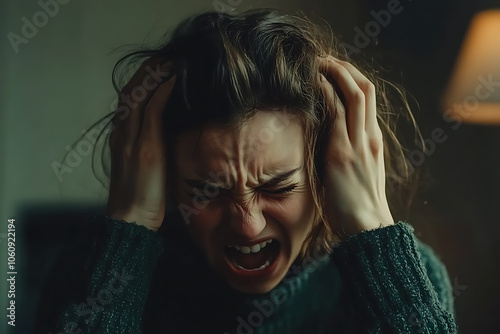 An angry and depressed woman holding her head with her hands, screaming in distress