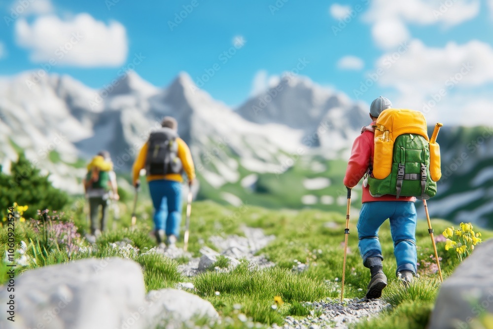 Fototapeta premium Three male hikers exploring a vibrant mountain landscape with backpacks, enjoying the outdoors and nature's beauty.