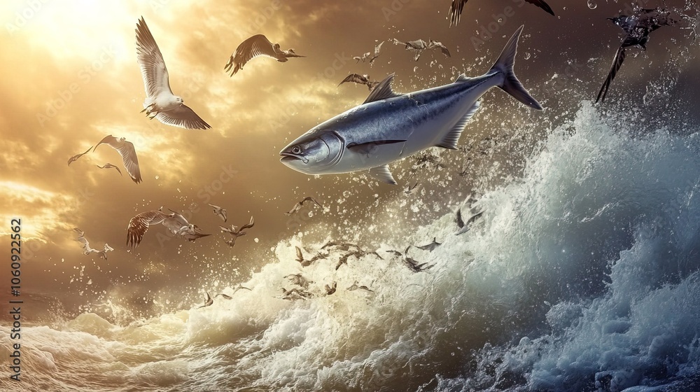 Fototapeta premium The Bible, the Book of Genesis, the creation of the world by God. God creates fish and birds