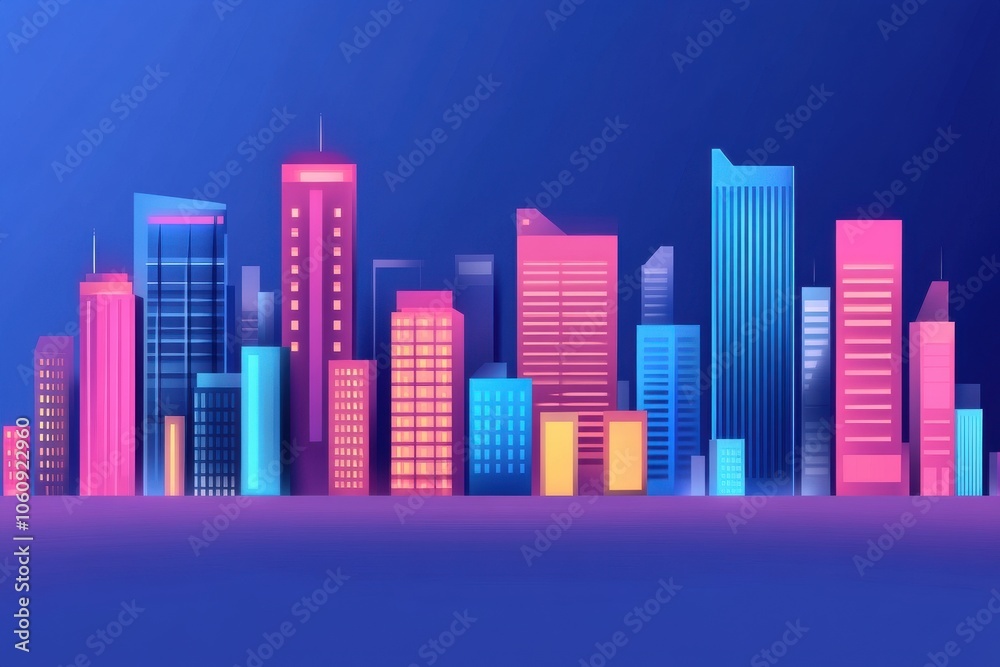 Vibrant city skyline at dusk, featuring skyscrapers in shades of pink, blue, and yellow, creating a lively urban atmosphere.