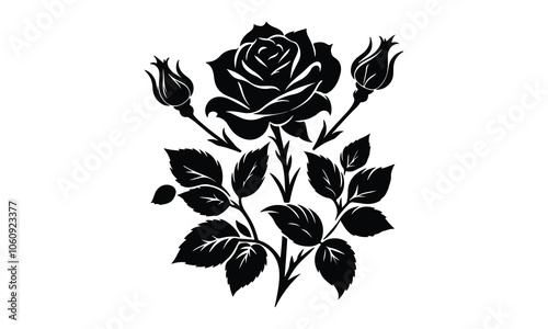 silhouette rose, Roses tattoo. Black roses vector design. Black silhouette of rose, Valentines day silhouette of rose element set. Romantic, rose silhouette vector and white background