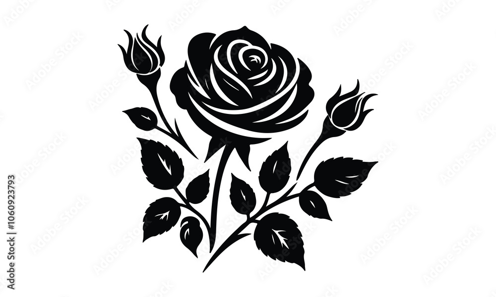 Obraz premium silhouette rose, Roses tattoo. Black roses vector design. Black silhouette of rose, Valentines day silhouette of rose element set. Romantic, rose silhouette vector and white background