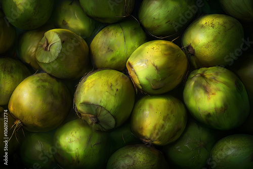 Green coconuts in a pile, close up, tropical fruit, market, food, natural, fresh