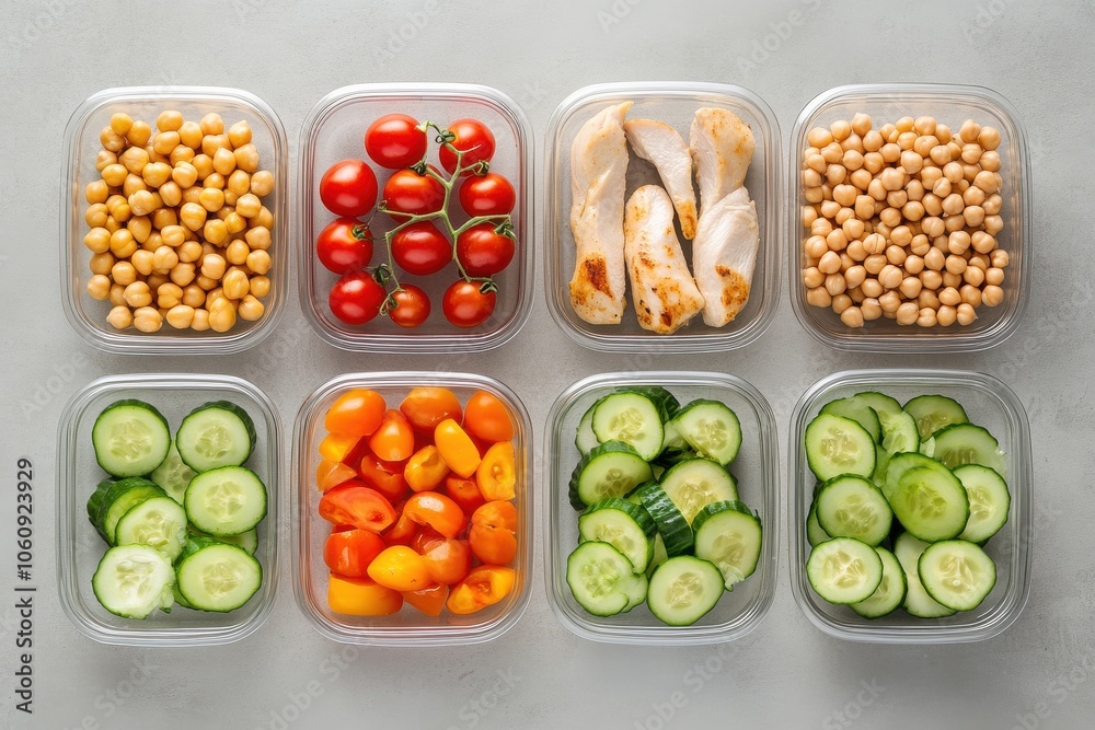 Fresh and colorful meal prep featuring chopped cucumbers, chicken, tomatoes, and chickpeas. Fresh and colorful meal prep featuring chopped cucumbers, chicken, tomatoes, and chickpeas.