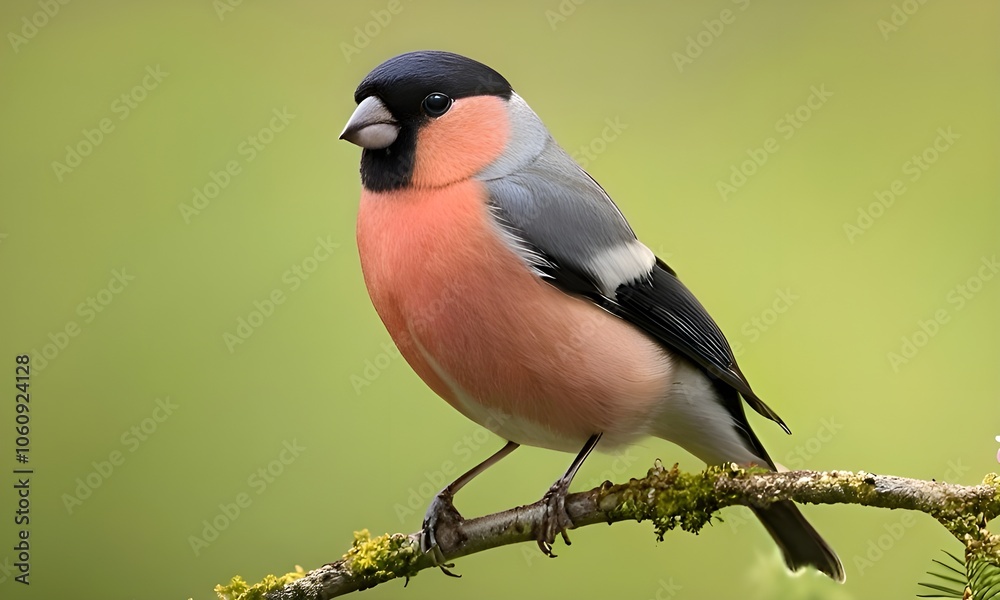 Obraz premium Close-up of a Common Bullfinch (Pyrrhula pyrrhula) perched on a branch in spring.