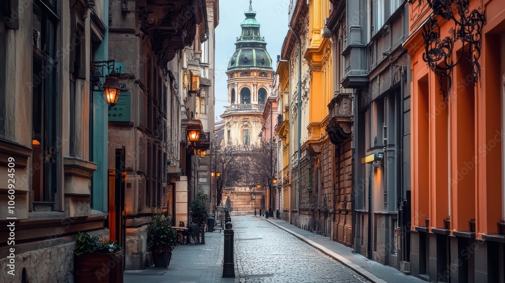 Cobblestone Street with Historic Church in Budapest Cobblestone Street with Historic Church in Budapest