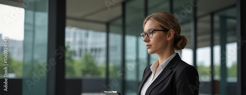 usinesswoman taking notes standing in front of an office glass wall A professional workspace scene for business and productivityrelated designs  photo