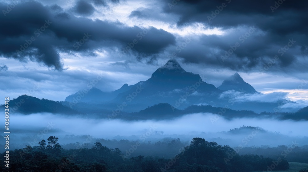 A distant mountain range shrouded in thick fog and dark clouds, creating an atmosphere of mystery and anticipation. A distant mountain range shrouded in thick fog and dark clouds, creating an atmosphere of mystery and anticipation.