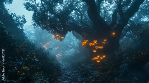 A mystical forest path lit by glowing mushrooms, creating an ethereal and enchanting atmosphere.