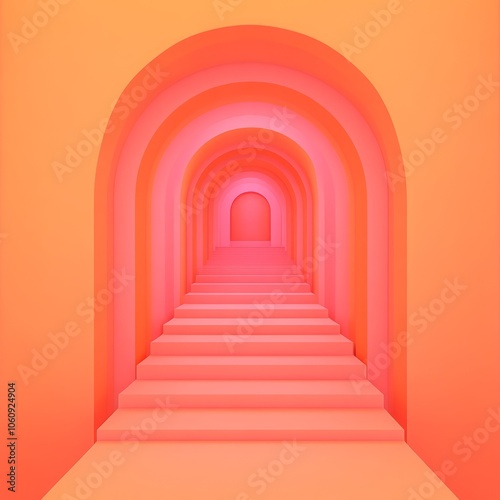 Abstract perspective of a hallway with multiple arches and pink stairs.