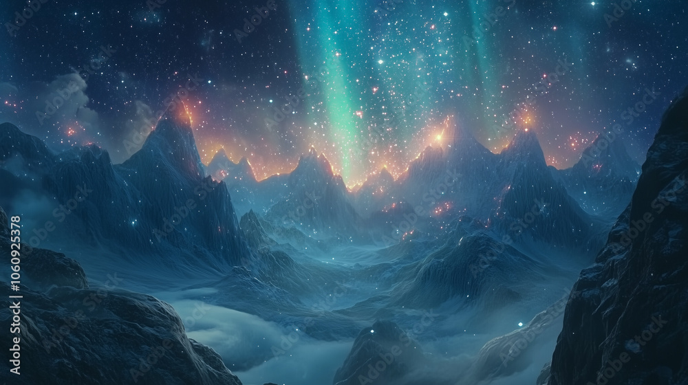 A futuristic landscape illuminated by a brilliant aurora light display, with sparkling stars twinkling among the swirling colors, creating a magical, dreamlike atmosphere, Generative AI A futuristic landscape illuminated by a brilliant aurora light display, with sparkling stars twinkling among the swirling colors, creating a magical, dreamlike atmosphere, Generative AI