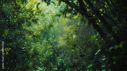 Spider web with dew drops in rain forest, natural background.
