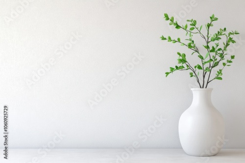 A minimalist white vase with green leaves, adding a touch of nature to a serene, light-filled space.