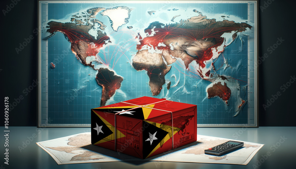A East Timor branded box rests on a table, with a world map featuring ...