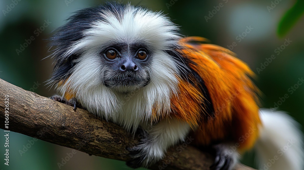 A white-faced saki monkey with orange fur sits on a branch, looking at the camera with curiosity. A white-faced saki monkey with orange fur sits on a branch, looking at the camera with curiosity.