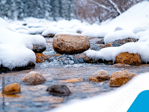 A cascading frozen waterfall cascades down icy mountain rocks in a winter wonderland