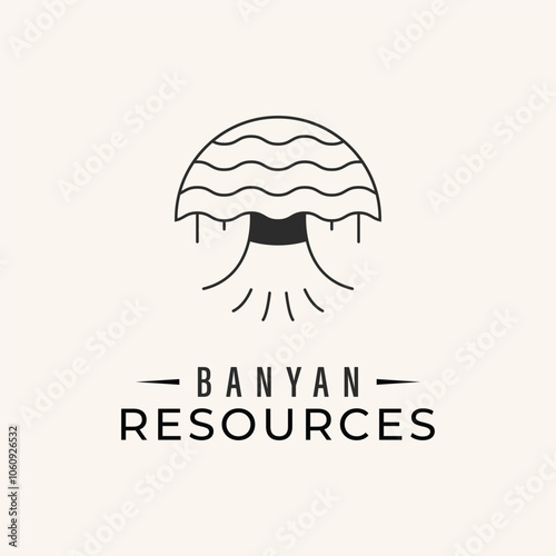 banyan tree line art logo vector illustration.