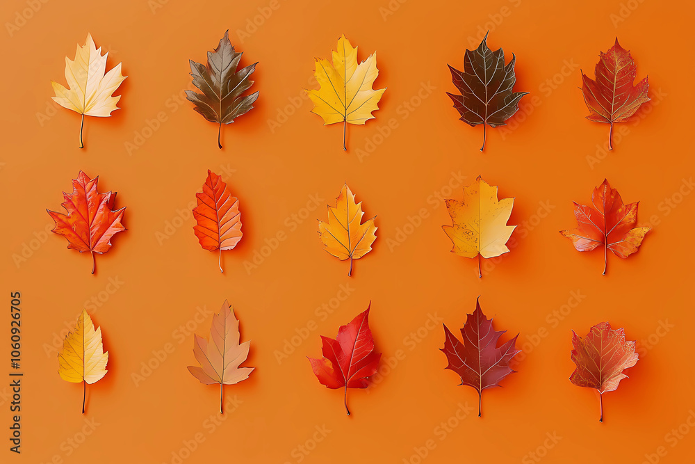 Obraz premium Herbstliche Blätter auf leuchtend orangefarbenem Hintergrund