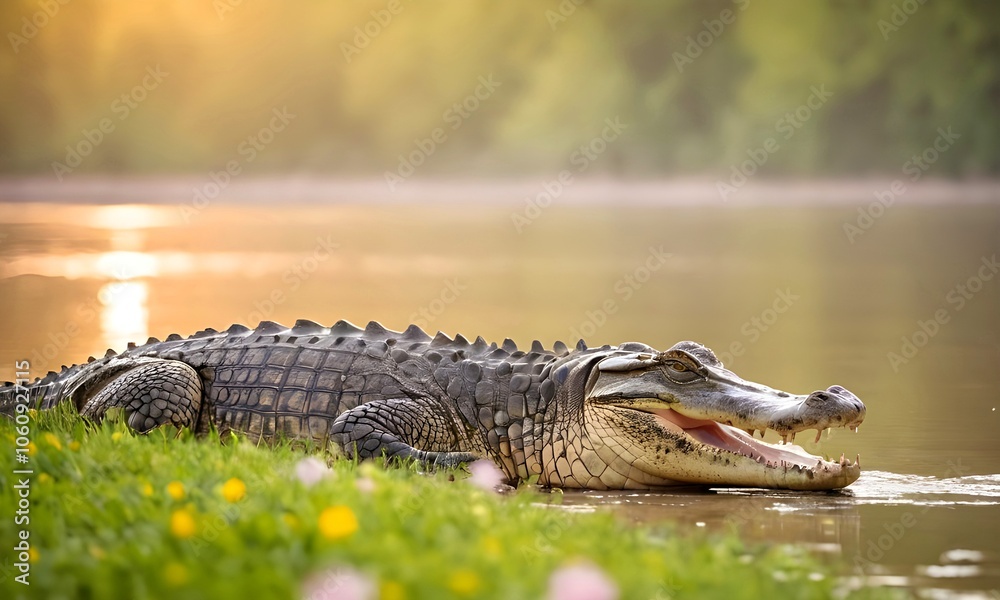 Fototapeta premium Side profile of a crocodile resting on a grassy river bank
