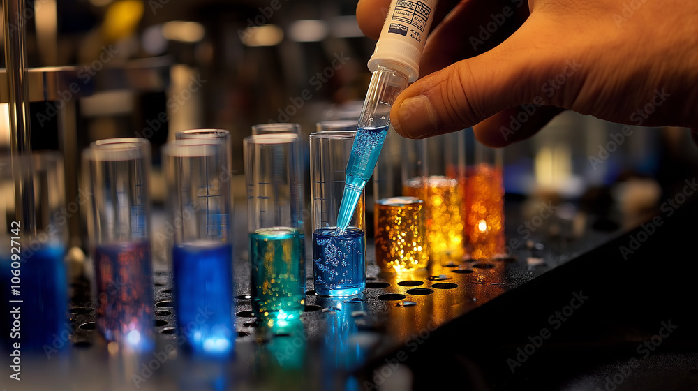 Precision Dispensing of Blue Reagent into Test Tubes with Gloved Hand in Scientific Laboratory Setup for Controlled Experiments Precision Dispensing of Blue Reagent into Test Tubes with Gloved Hand in Scientific Laboratory Setup for Controlled Experiments