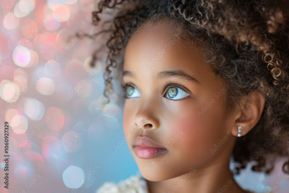 Portrait of curly haired black child with captivating blue green eyes, against colorful bokeh background, little black girl with introspective gaze Portrait of curly haired black child with captivating blue green eyes, against colorful bokeh background, little black girl with introspective gaze