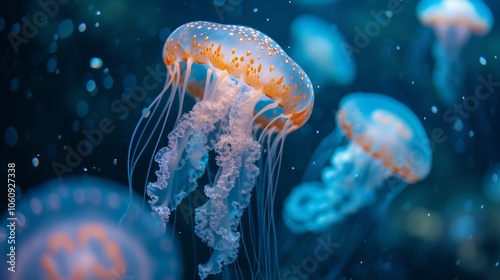 Lot of bioluminescent jellyfish floating gracefully in ocean, illuminating water with their vibrant colors, jellyfish showcasing mesmerizing beauty of marine life