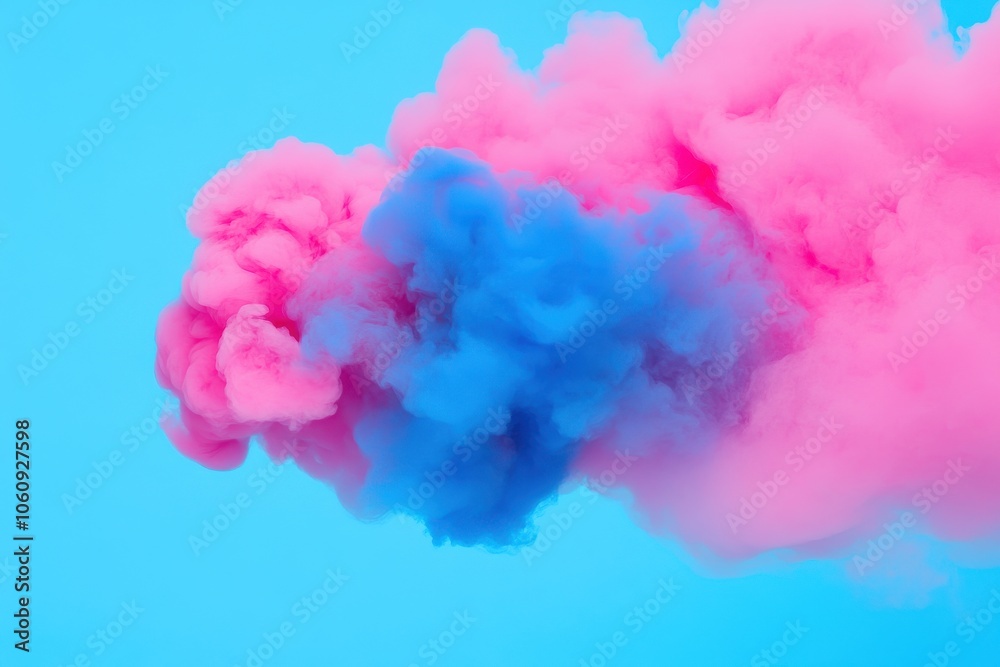 Vibrant pink and blue smoke swirling against a bright blue background, creating an artistic and dynamic visual effect.
