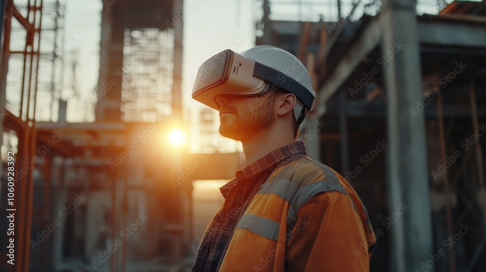 A construction worker using virtual reality technology on a building site at sunset. A construction worker using virtual reality technology on a building site at sunset.
