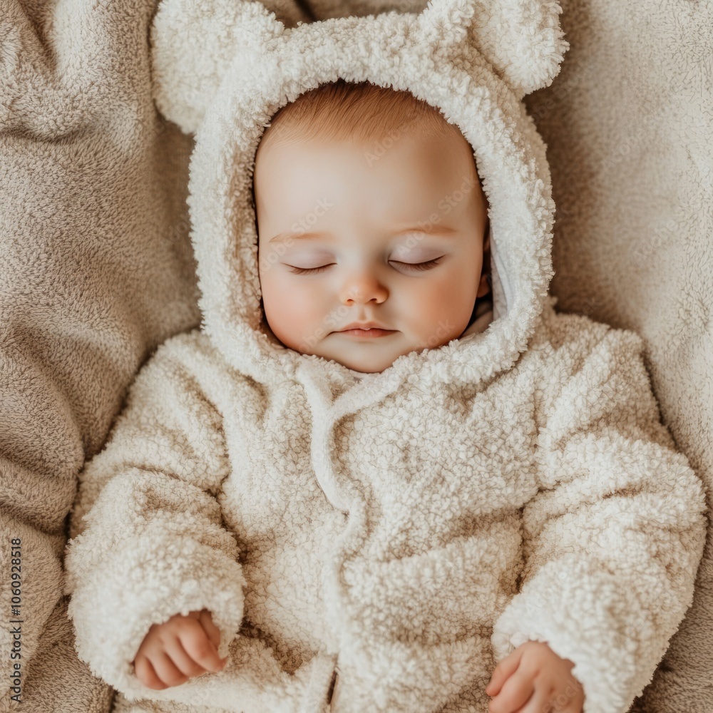Adorable baby girl sleeping in a cozy teddy bear onesie. Adorable baby girl sleeping in a cozy teddy bear onesie.