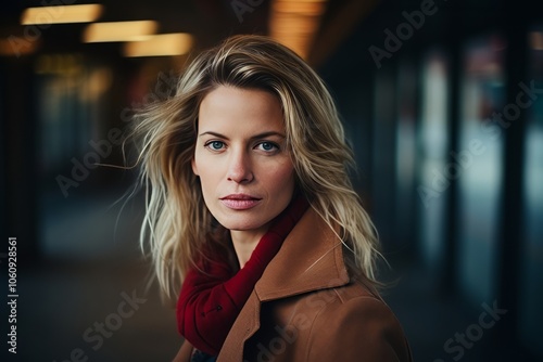 Portrait of a beautiful young woman in a coat and red scarf