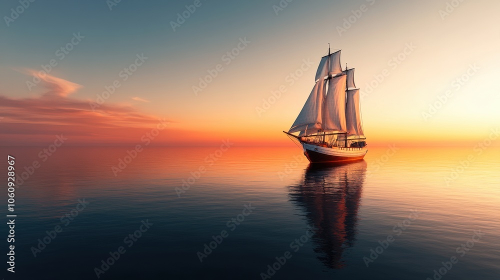 Obraz premium Sunset Ship Reflection on Calm Water